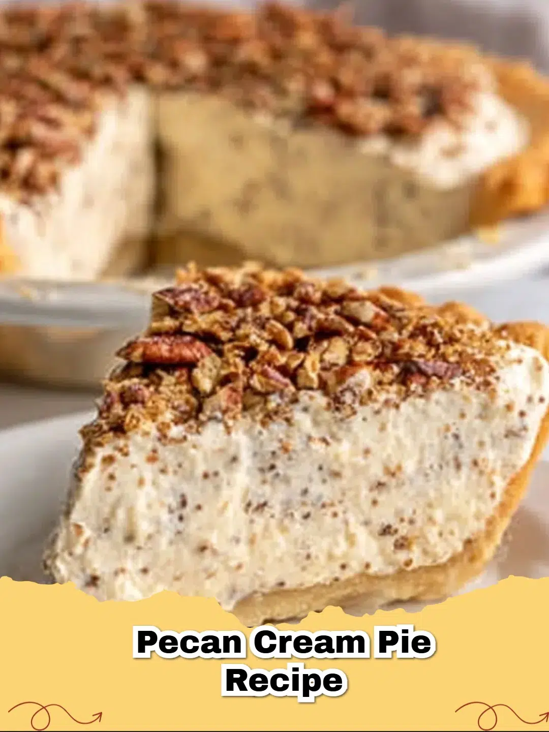 Slice of No-Bake Pecan Cream Cheese Pie with caramel drizzle and whipped cream.