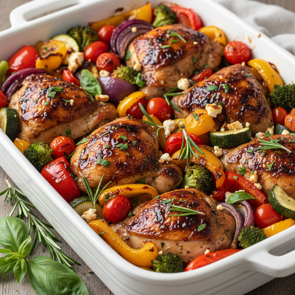 One Pan Balsamic Chicken with colorful roasted vegetables on a baking sheet, garnished with fresh basil.