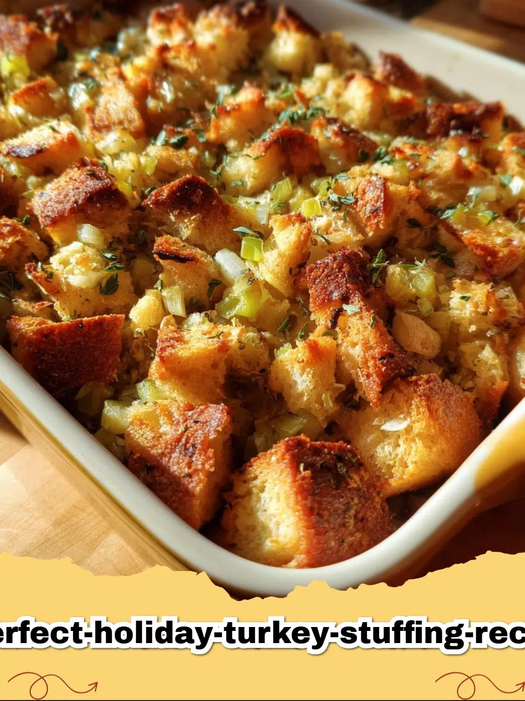 A close-up of golden brown, crispy Perfect Holiday Turkey Stuffing in a baking dish, garnished with fresh herbs.