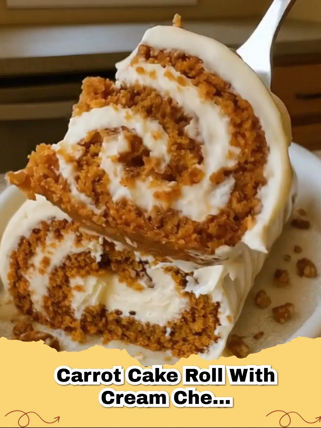 Delicious slice of Pumpkin Carrot Cake Roll with creamy cream cheese frosting