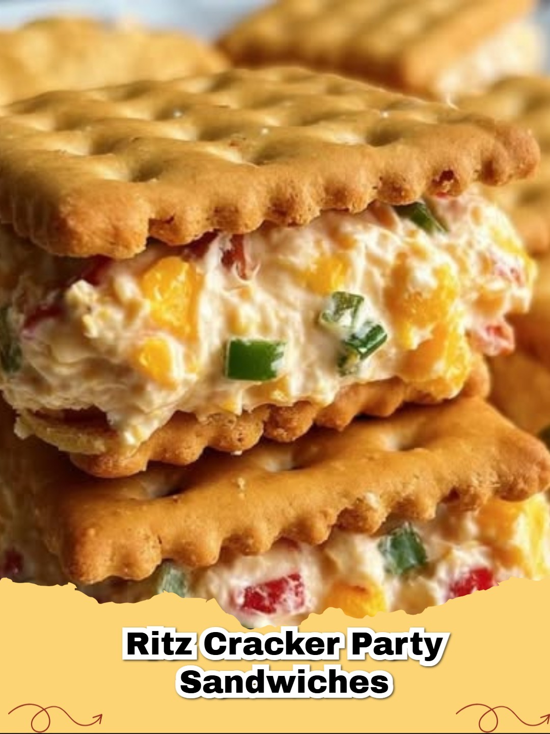 Easy Ritz Cracker Party Sandwiches piled high on a white serving platter, garnished with fresh green onion slices.
