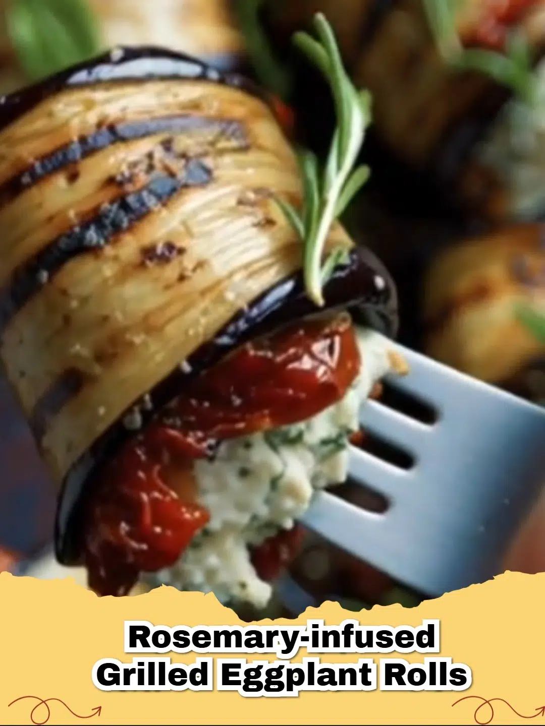 Platter of golden brown rosemary-infused grilled eggplant rolls garnished with fresh rosemary and cherry tomatoes.