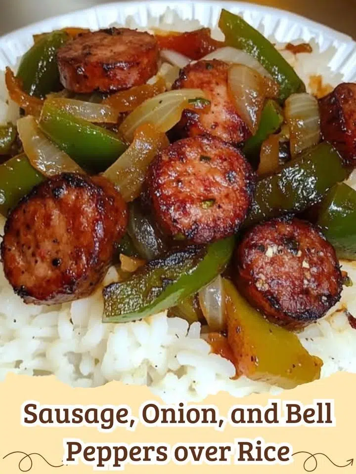 Close-up of savory sausage, sweet onions, and colorful bell peppers served over white rice, ready to eat.