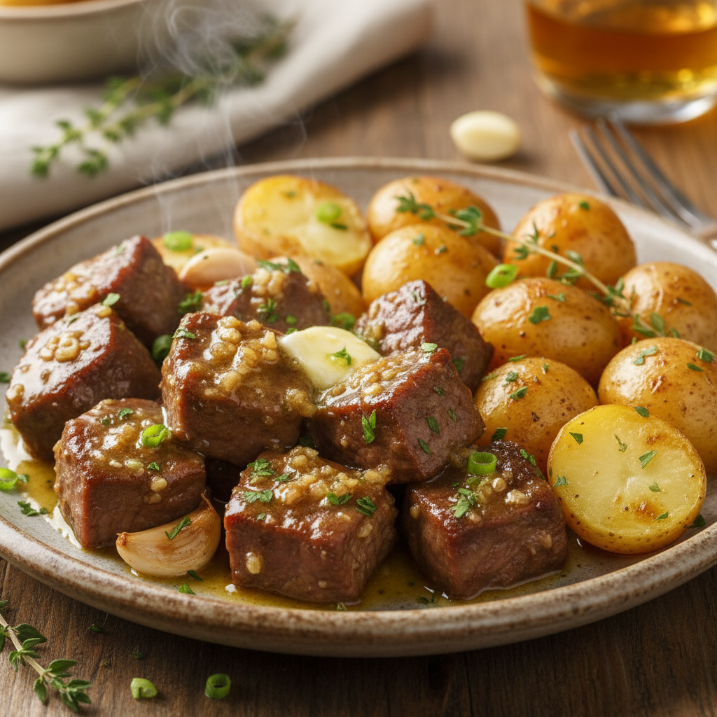 Close-up of tender slow cooker garlic butter beef bites and potatoes in a bowl, garnished with fresh parsley.
