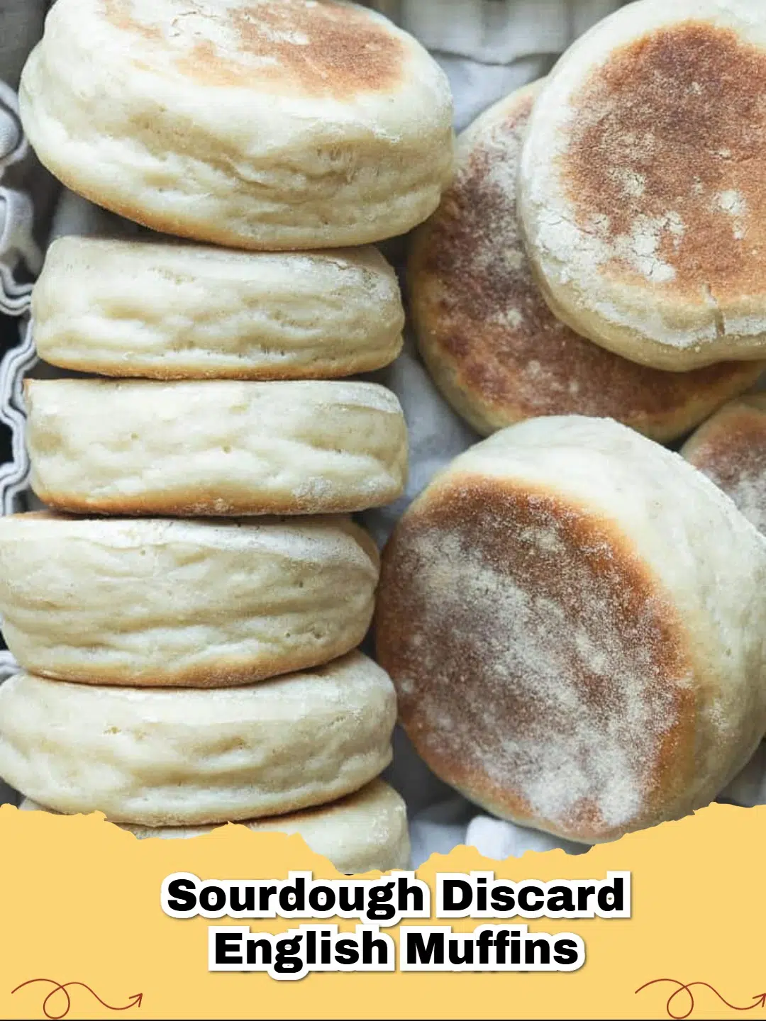 Fluffy homemade sourdough discard English muffins stacked with butter and jam