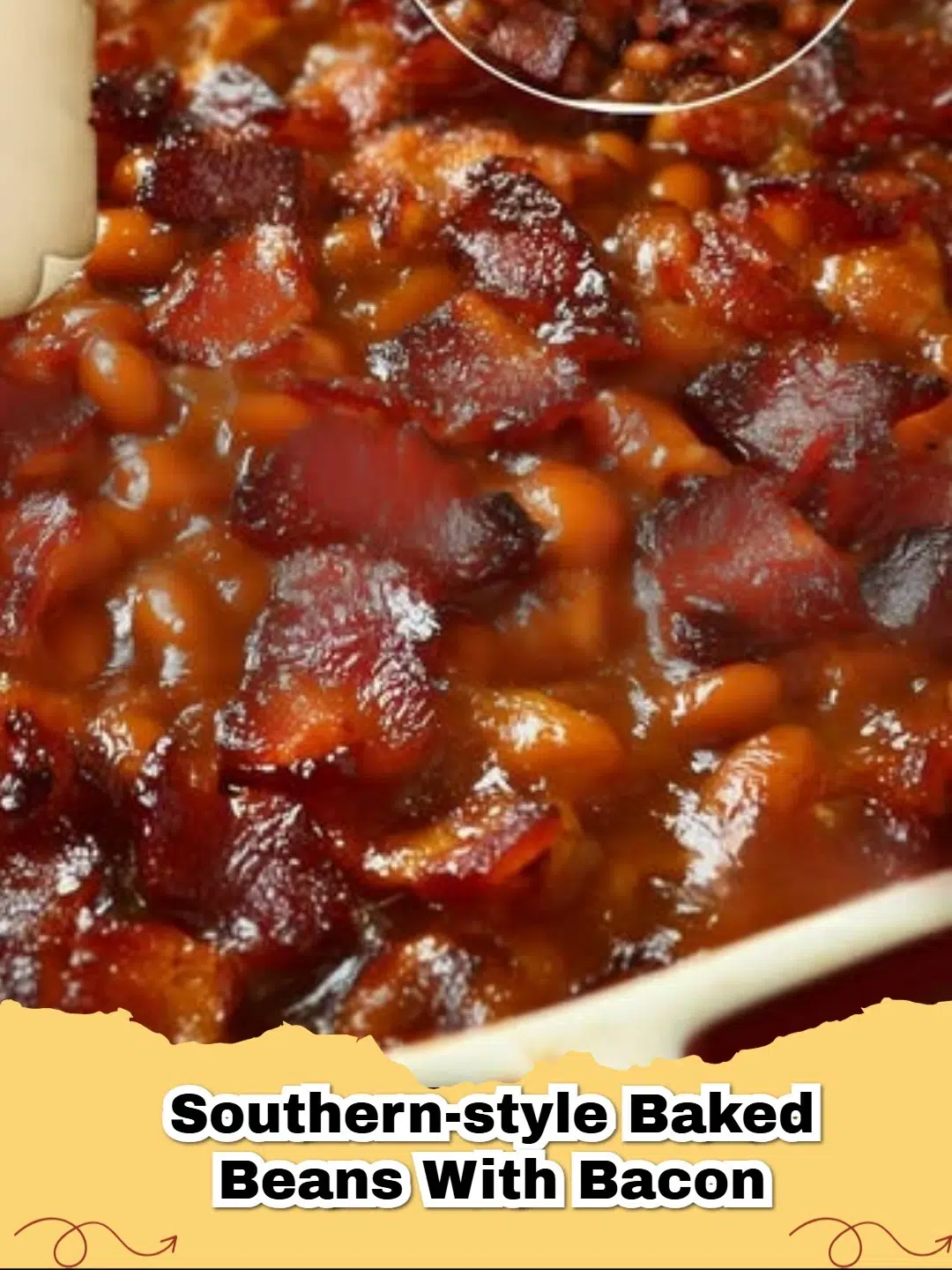 Delicious Southern-Style Baked Beans with Crispy Bacon on top, ready to serve.