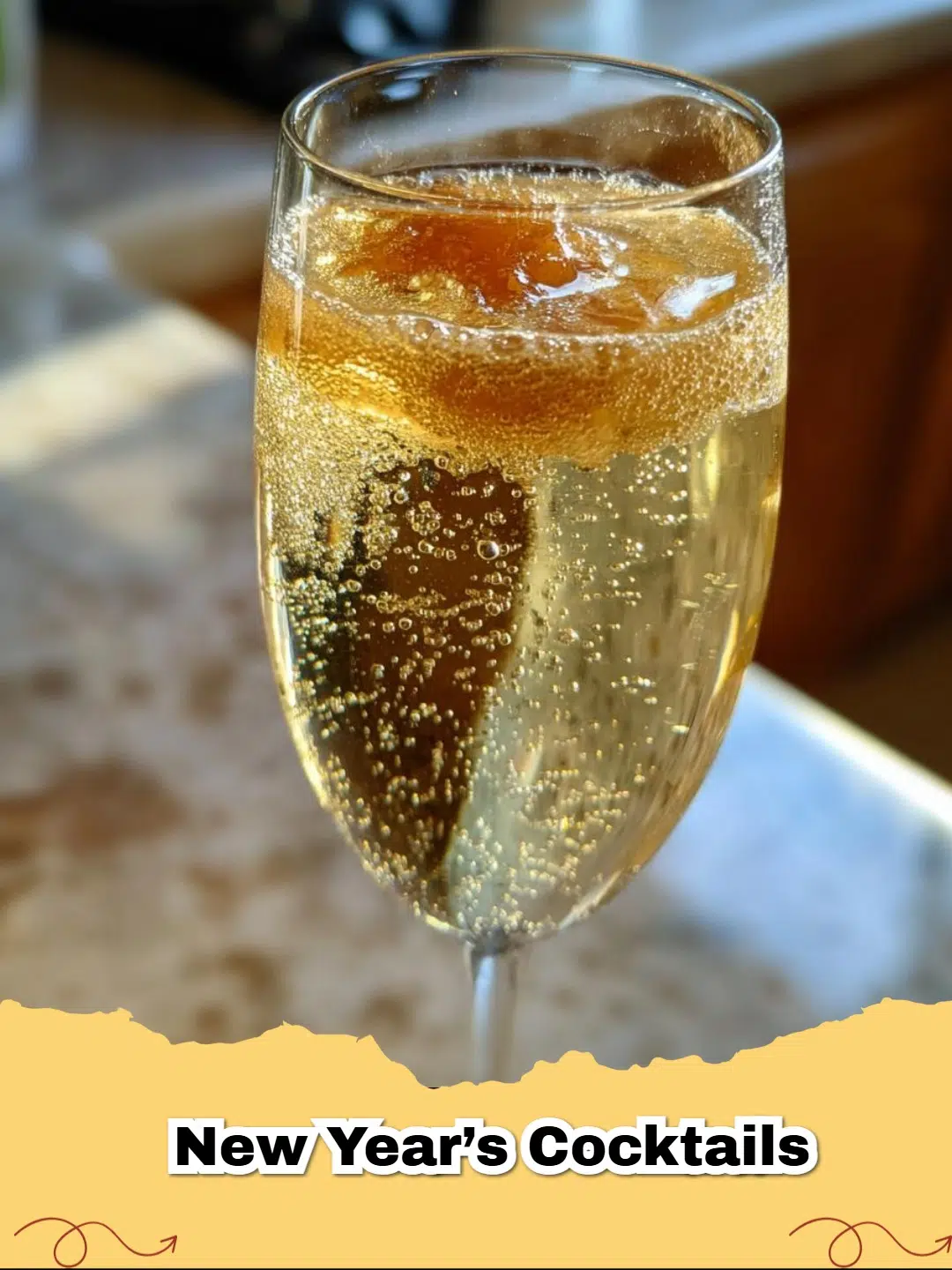 Two festive sparkling New Year's cocktails, one amber champagne cocktail and one red cranberry cocktail, garnished elegantly.