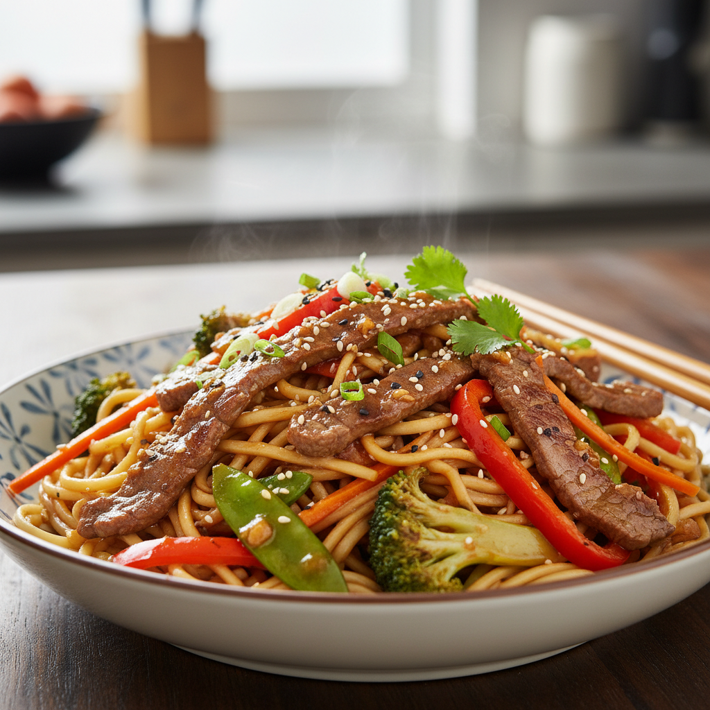 Delicious Speedy Beef Stir Fry with Noodles and Sticky Garlic-Ginger Sauce, ready to eat