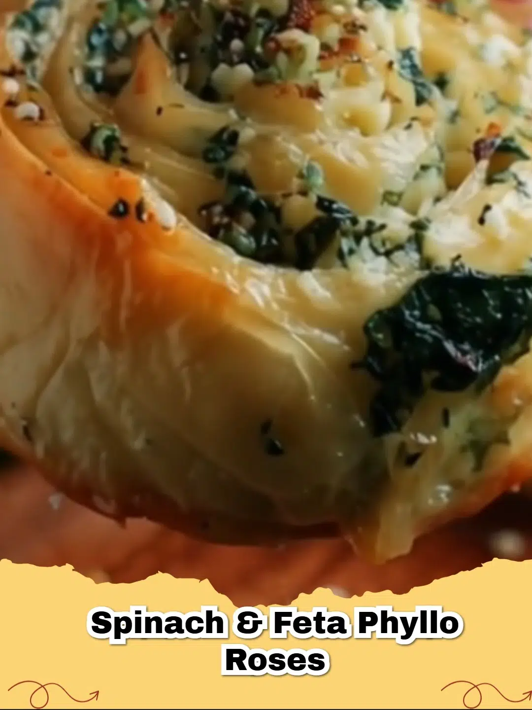 Close-up of crispy golden Spinach and Feta Phyllo Roses baked to perfection, a delicious Greek appetizer ready to eat.