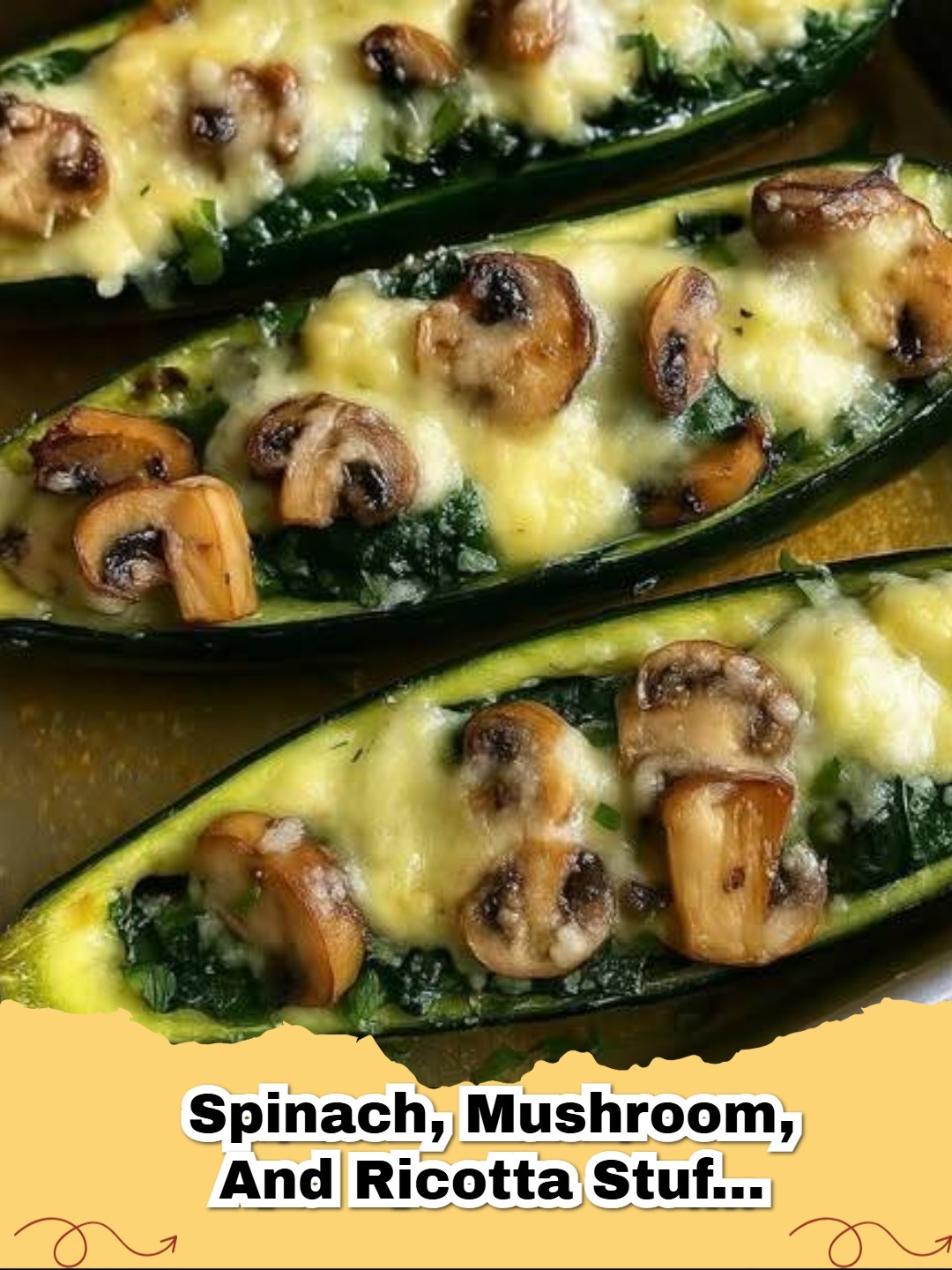 Delicious spinach, mushroom, and ricotta stuffed zucchini boats on a serving platter