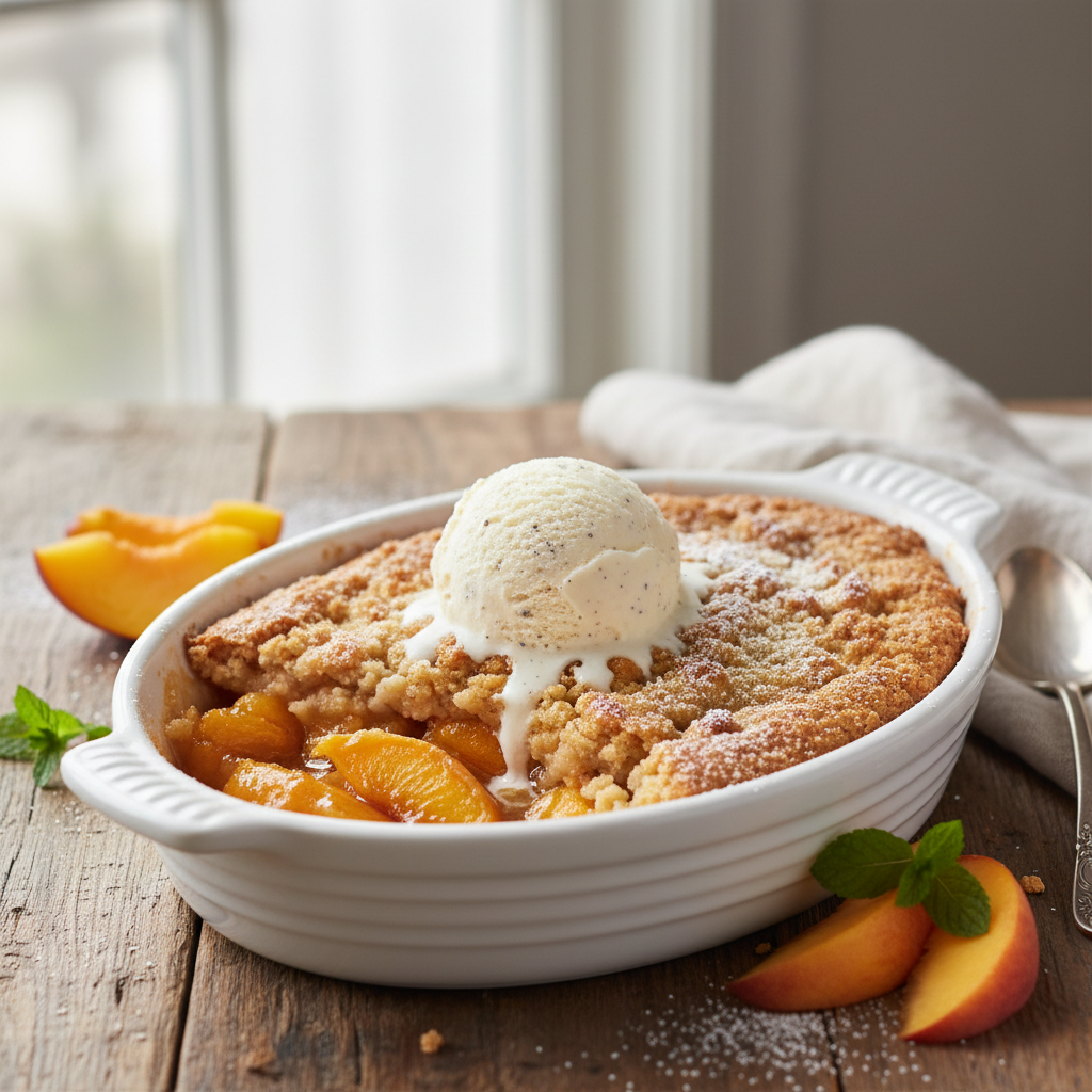 A golden-brown Super Easy Peach Cobbler, bubbling with sweet peaches, served warm.