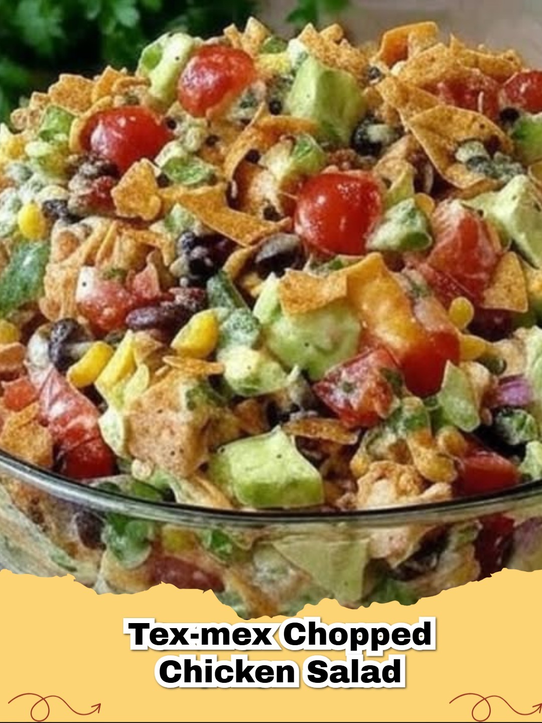 Vibrant Tex-Mex Chopped Chicken Salad with a zesty cilantro-lime dressing, avocado, corn, and black beans.
