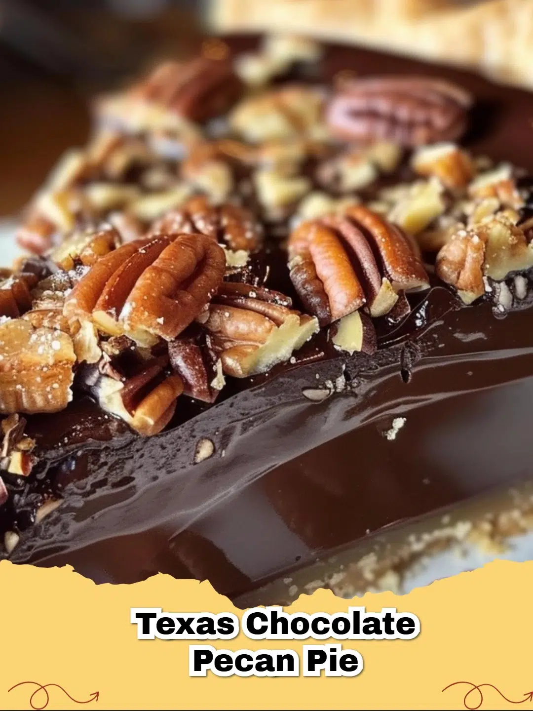 A slice of decadent Texas Chocolate Pecan Pie on a white plate with a fork, showing the gooey chocolate filling and toasted pecans.