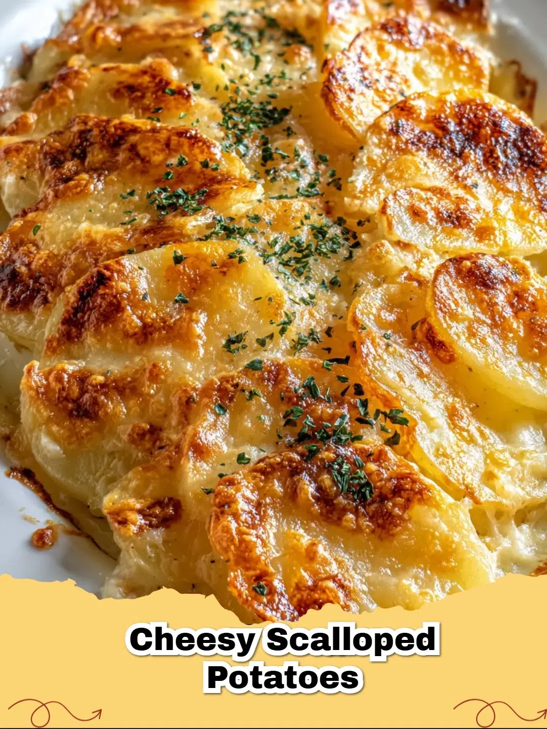 Delicious golden brown cheesy scalloped potatoes in a baking dish, bubbling hot and ready to serve.