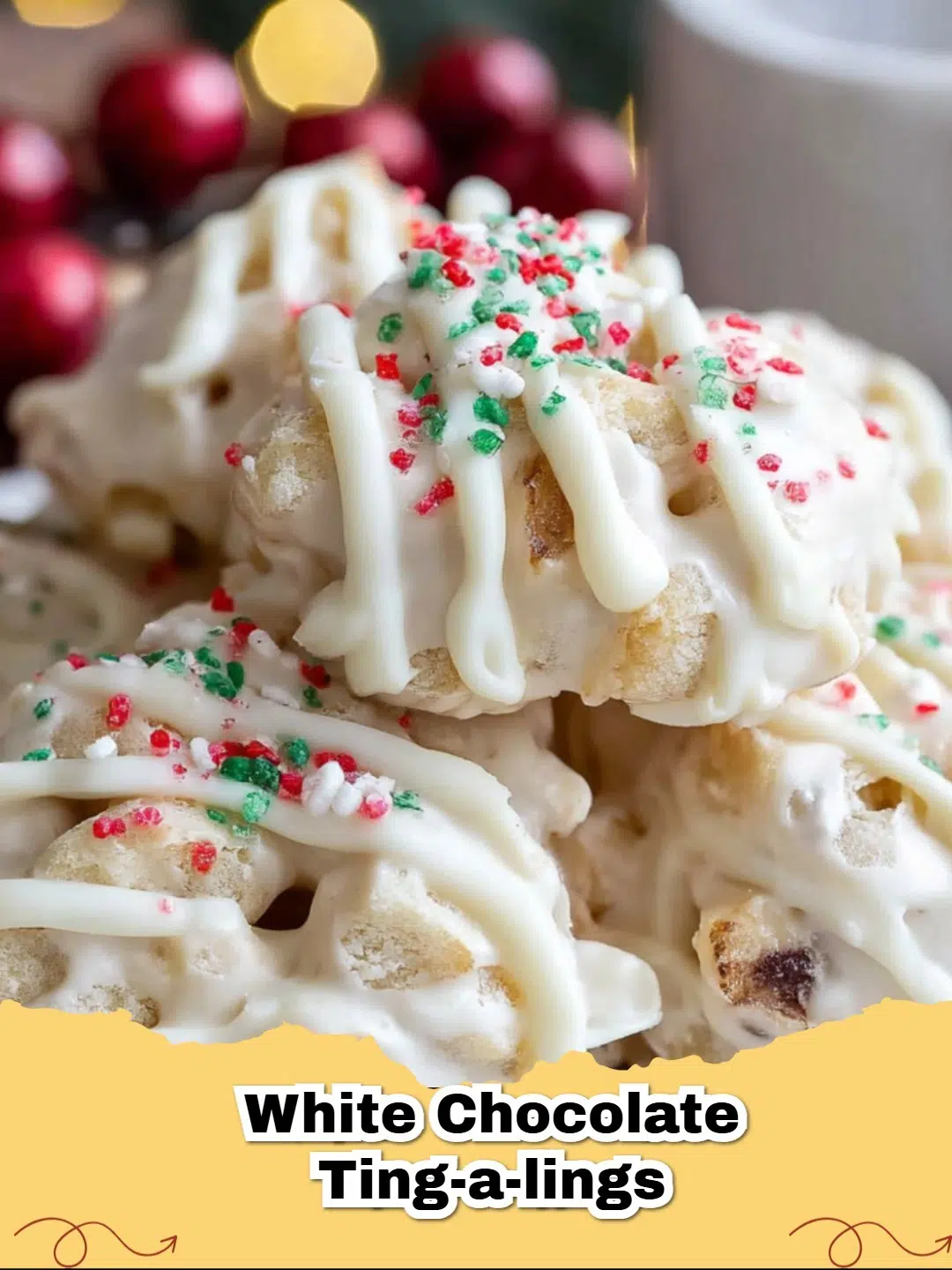 A plate of homemade White Chocolate Ting-a-Lings with crispy chow mein noodles.
