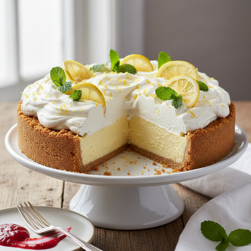 Slice of creamy Zesty No-Bake Lemon Pie garnished with lemon slices and mint leaves on a white plate