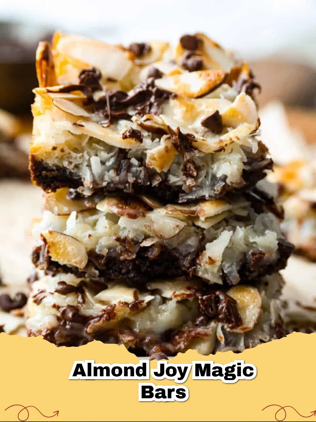 Decadent Almond Joy Magic Bars with layers of chocolate, coconut, and almonds