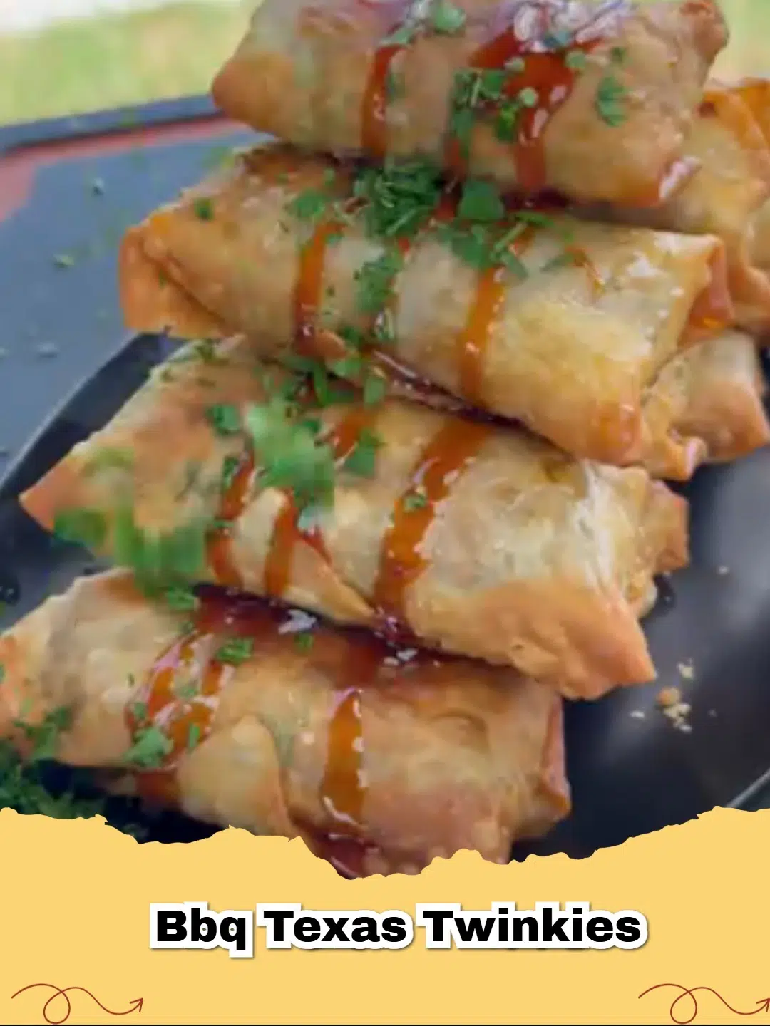 Close-up of perfectly smoked BBQ Texas Twinkies, bacon crispy and filling oozing slightly.