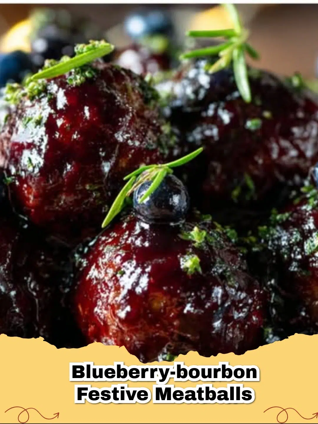 A platter of glossy Blueberry Bourbon Meatballs garnished with fresh blueberries and parsley, perfect for a festive gathering.