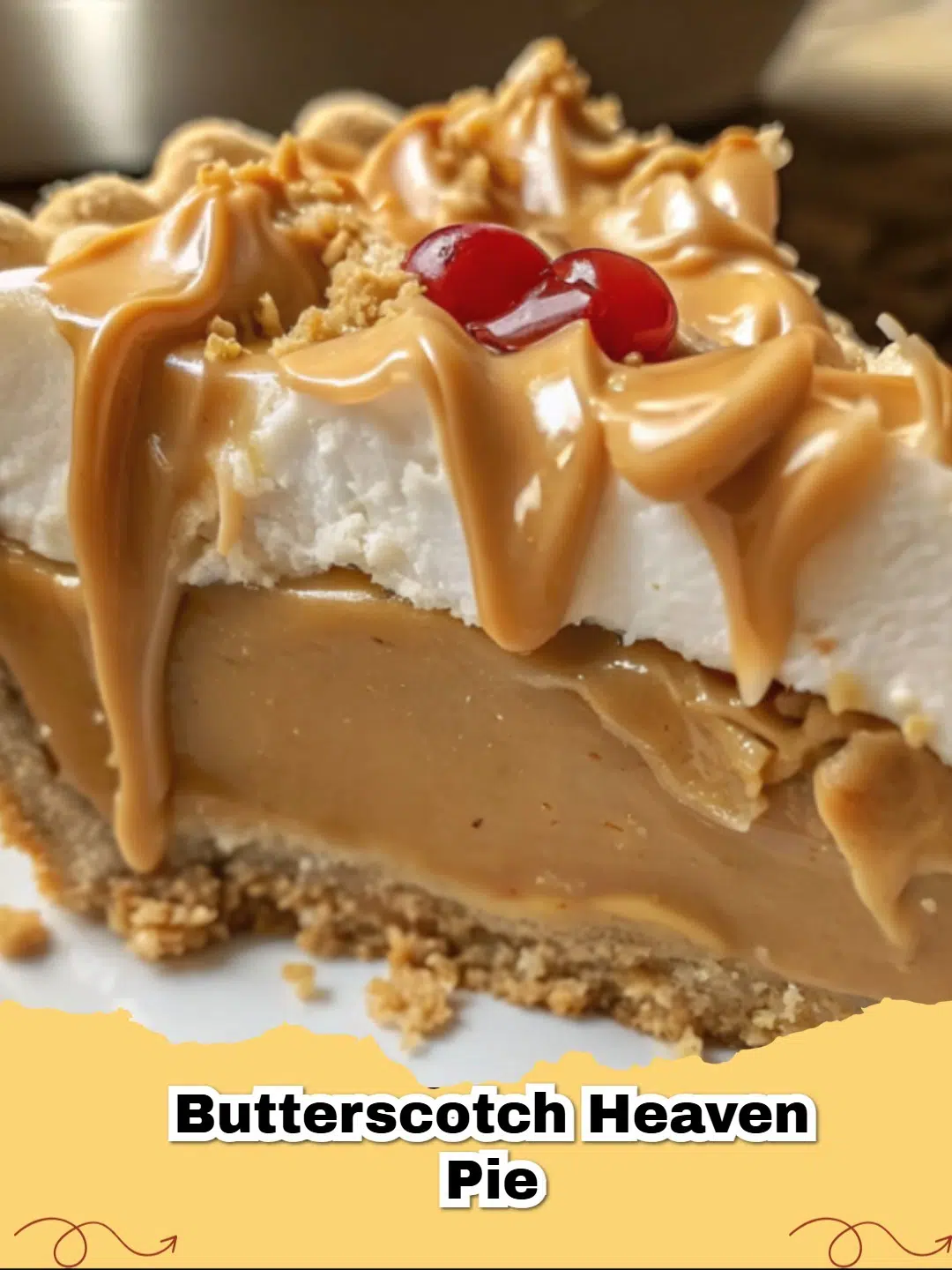 Delicious Butterscotch Heaven Pie with whipped cream and toasted pecans.