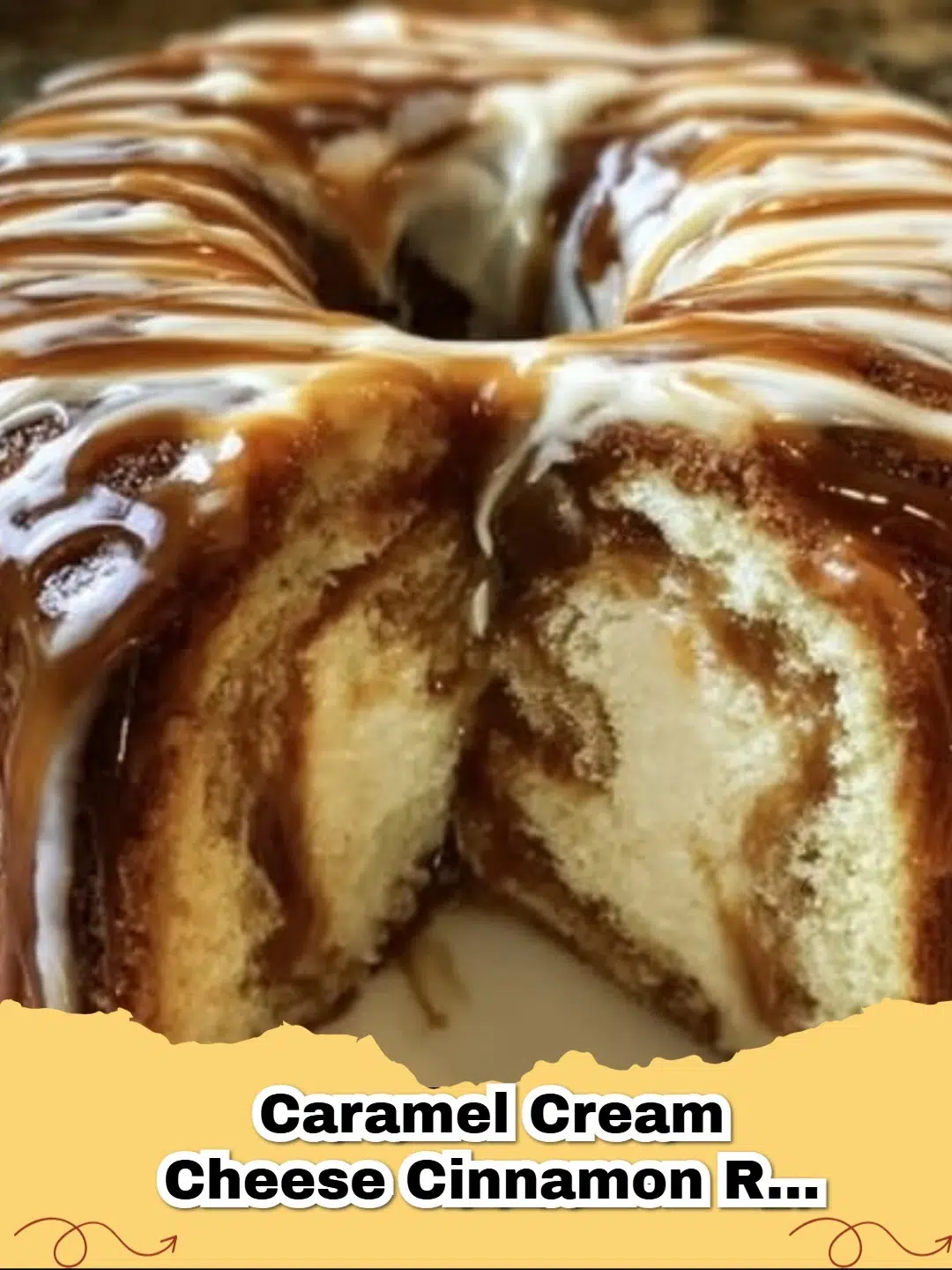 Close-up of a slice of Caramel Cream Cheese Cinnamon Roll Pound Cake with gooey caramel and glaze, showing the cinnamon swirl inside.