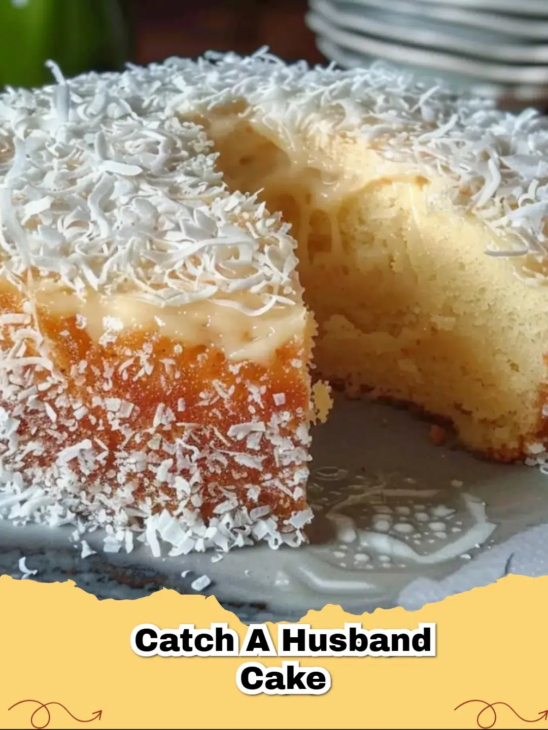 Slice of moist Catch A Husband Cake with a sweet glaze, ready to be served on a plate