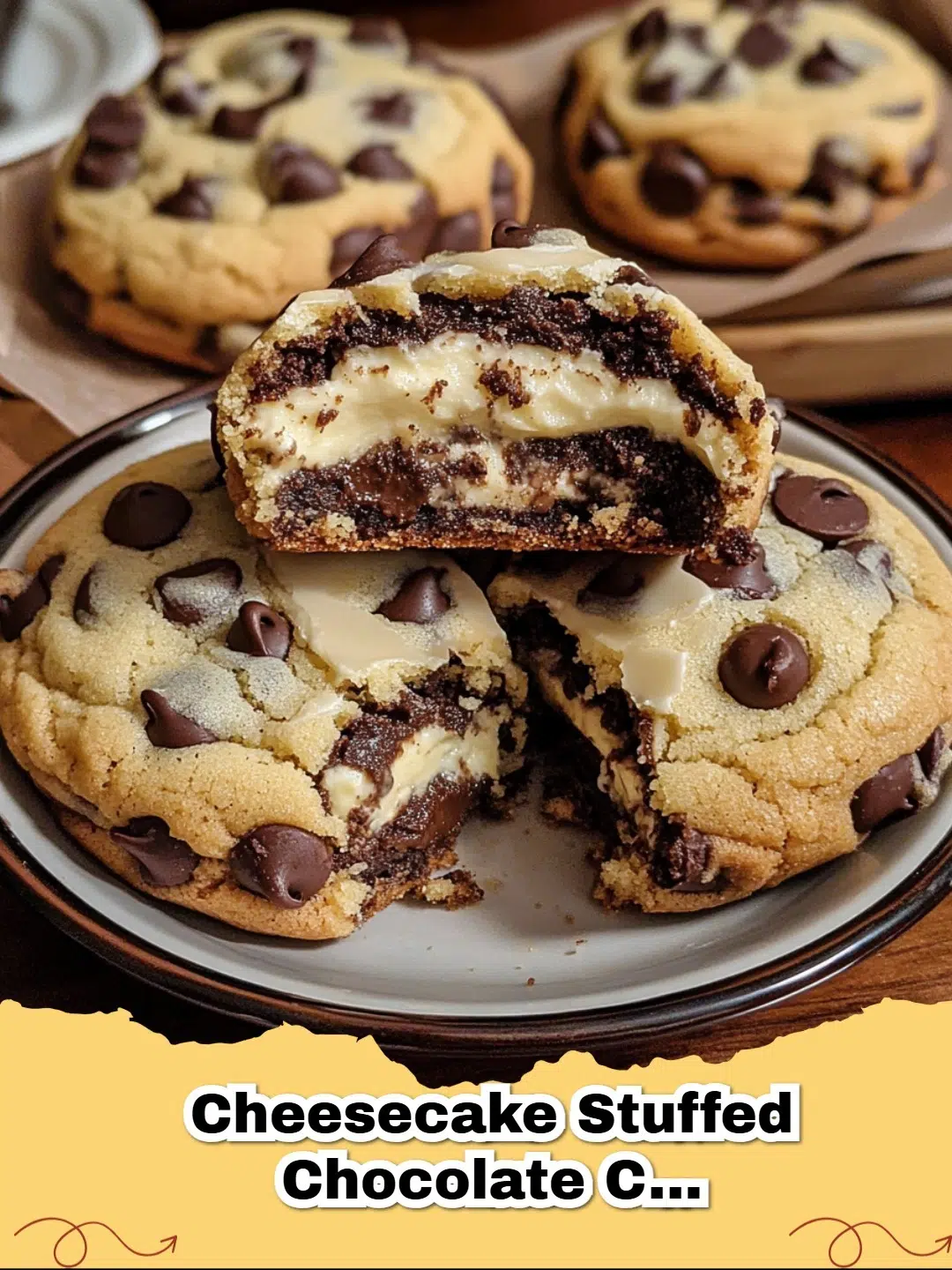 Freshly baked cheesecake stuffed chocolate chip cookies on a cooling rack, showcasing gooey chocolate and creamy filling.
