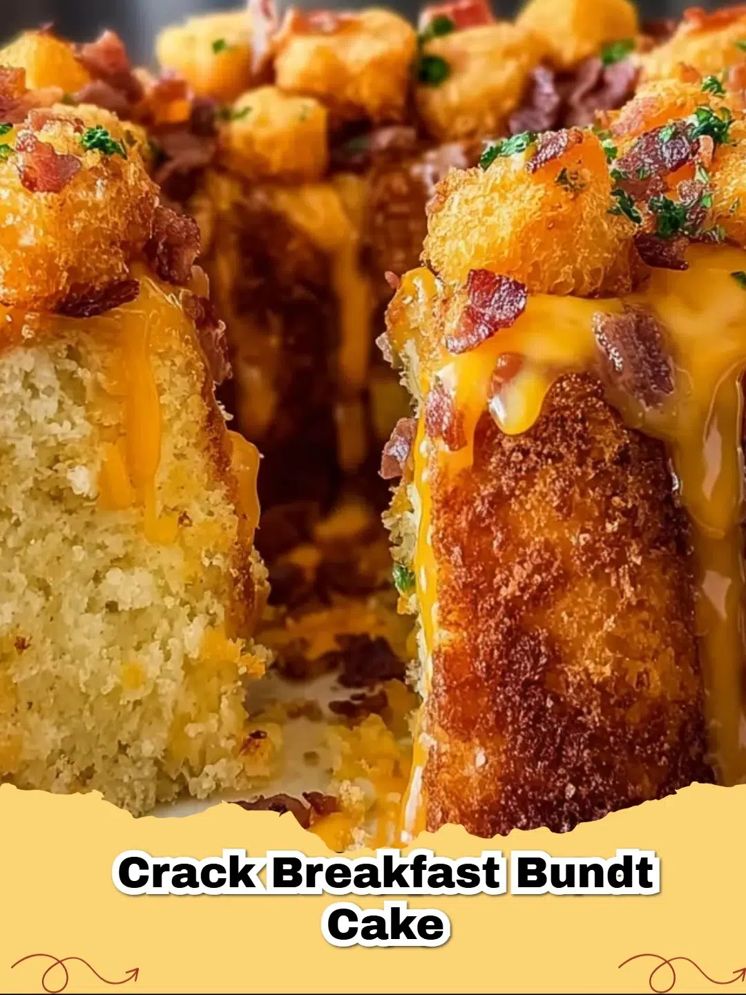 Cheesy Bacon Tater Tot Breakfast Bundt fresh out of the oven, garnished with chives, ready to be served.