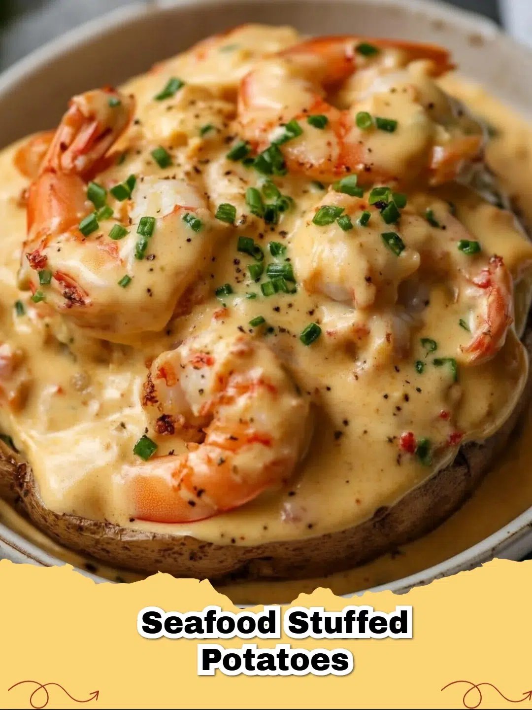 Cheesy Cajun Seafood Twice Baked Potatoes loaded with shrimp, crawfish, and melted cheese, garnished with green onions.