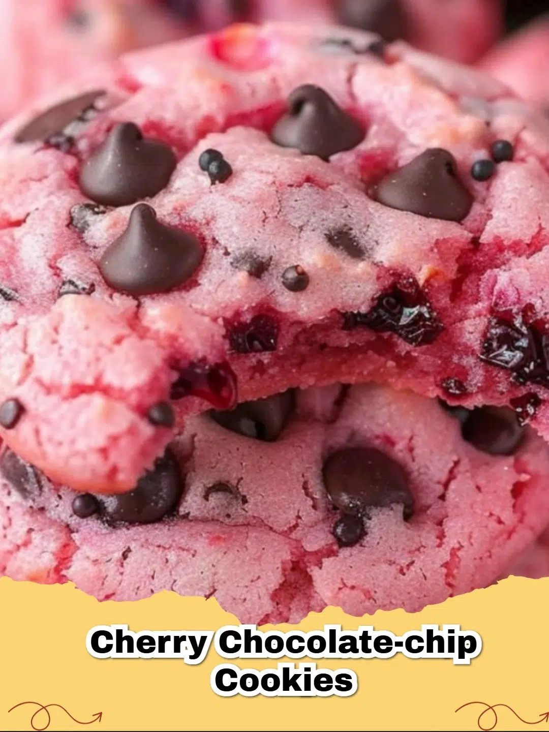 A plate of delicious cherry chocolate chip cookies, stacked high, with some chocolate melting.