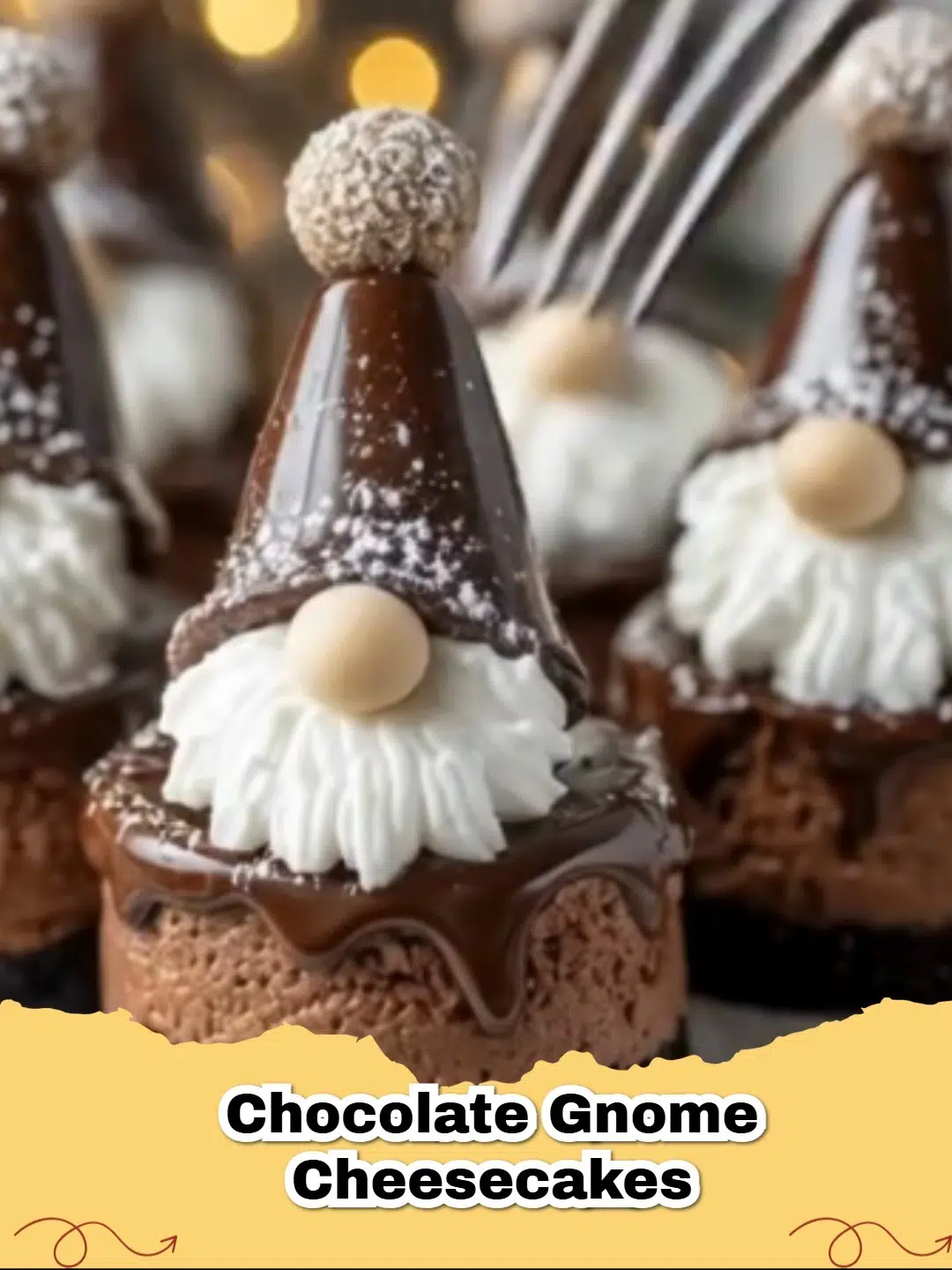 A close-up of enchanting Chocolate Gnome Cheesecakes decorated with whimsical hats and beards on a dessert platter, ready to be enjoyed.