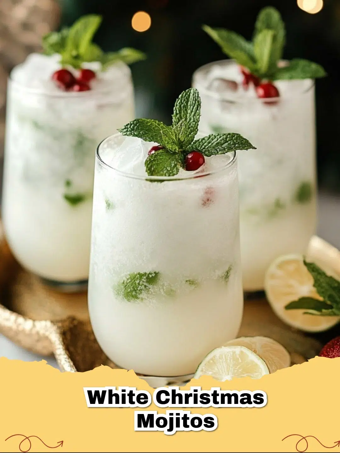 Refreshing Christmas Coconut Mojito cocktail garnished with mint and pomegranate seeds in a festive setting.