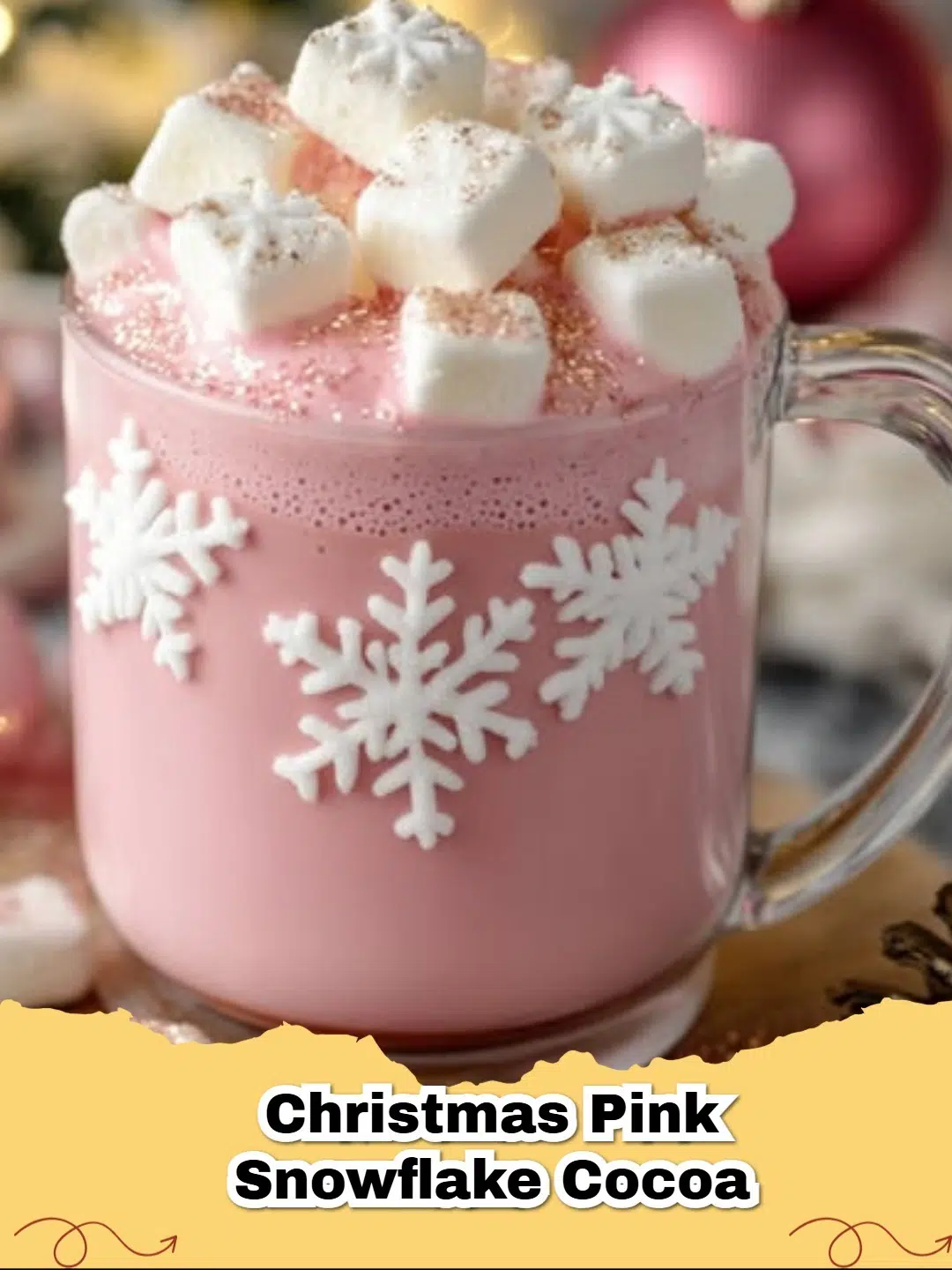 Festive Christmas Pink Snowflake White Hot Chocolate with whipped cream, snowflake marshmallows, and edible shimmer on a holiday table.