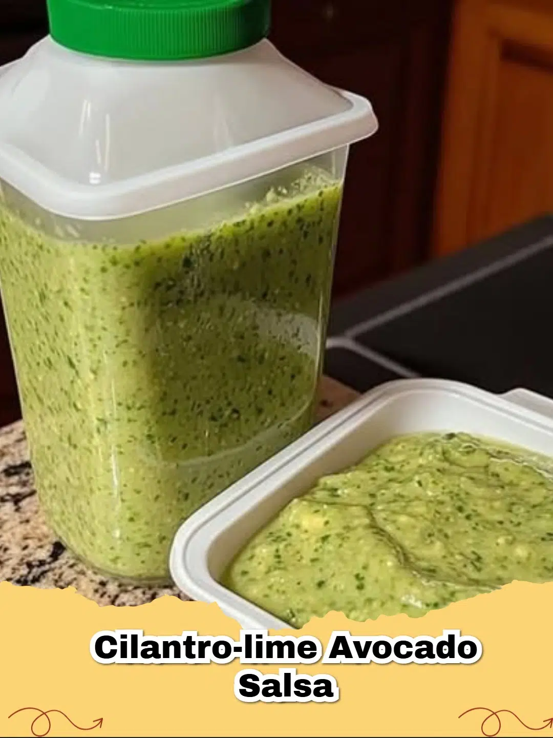 Bowl of fresh Cilantro-Lime Avocado Salsa with tortilla chips and lime wedges, ready to serve.