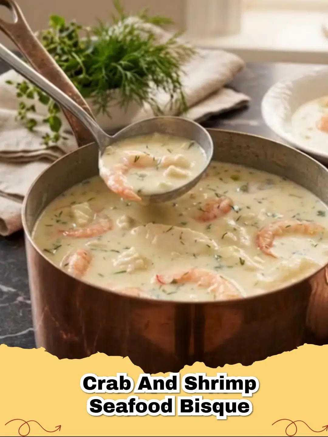 Creamy Crab and Shrimp Seafood Bisque in a white bowl, garnished with fresh parsley and a dash of paprika