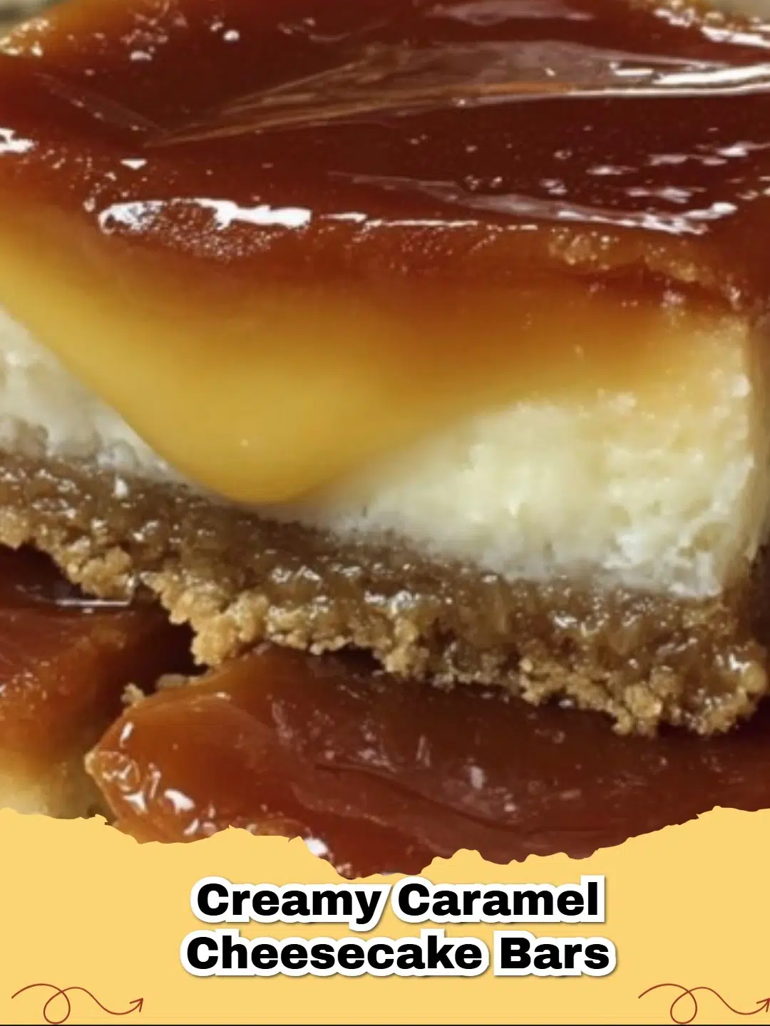 Close-up of creamy caramel cheesecake bars with a rich caramel swirl on top, ready to serve.