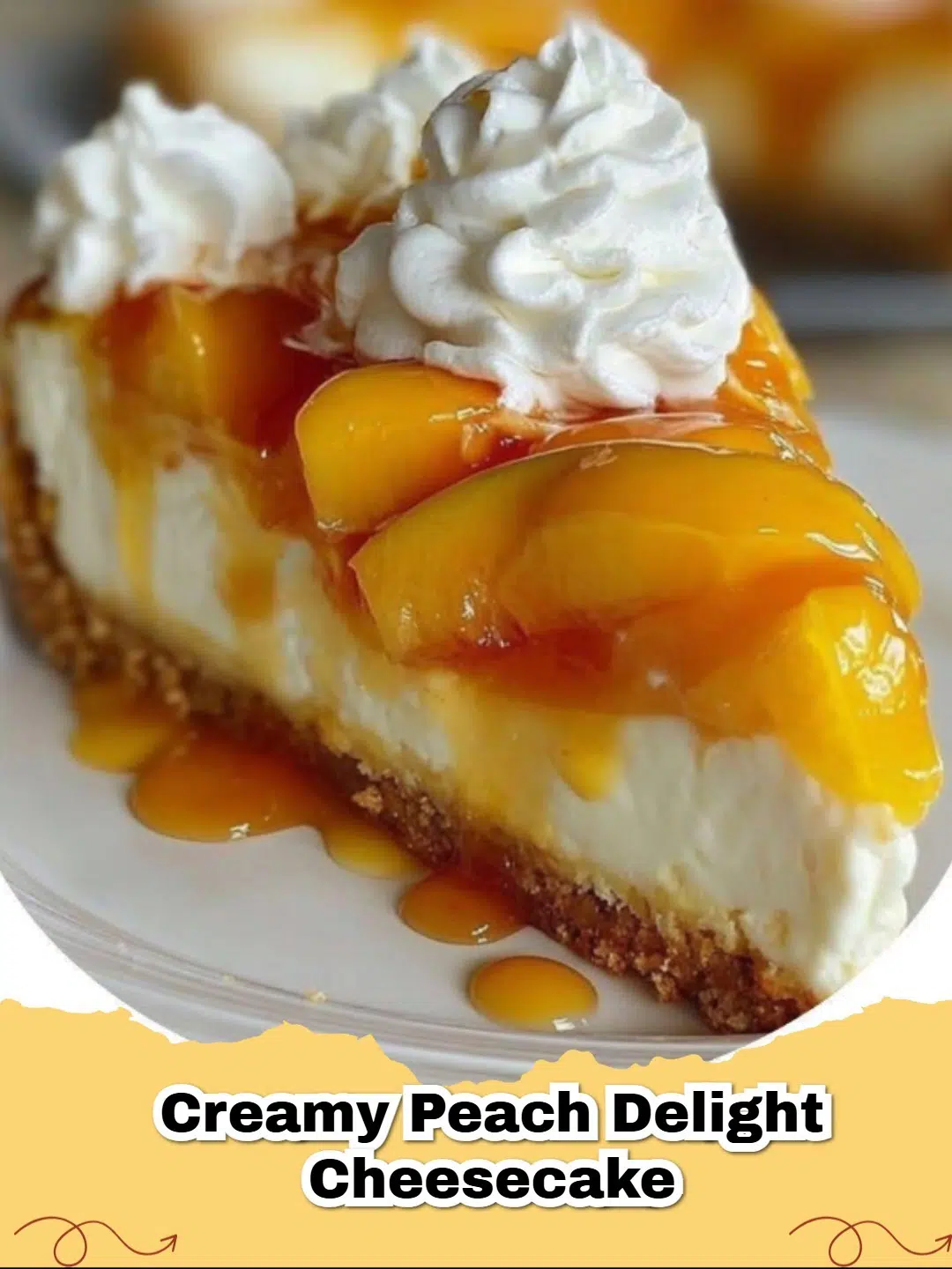 Slice of creamy peach delight cheesecake on a white plate, garnished with fresh mint.