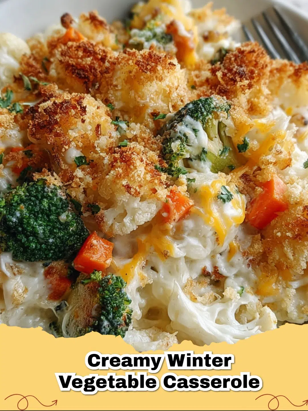 A close-up shot of a golden-brown Creamy Winter Vegetable Casserole, bubbling with a rich sauce and tender vegetables, garnished with fresh herbs.