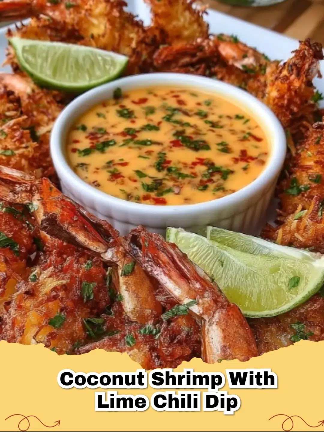 Crispy golden coconut shrimp piled high next to a small bowl of zesty lime chili dip, garnished with lime wedges and fresh cilantro.