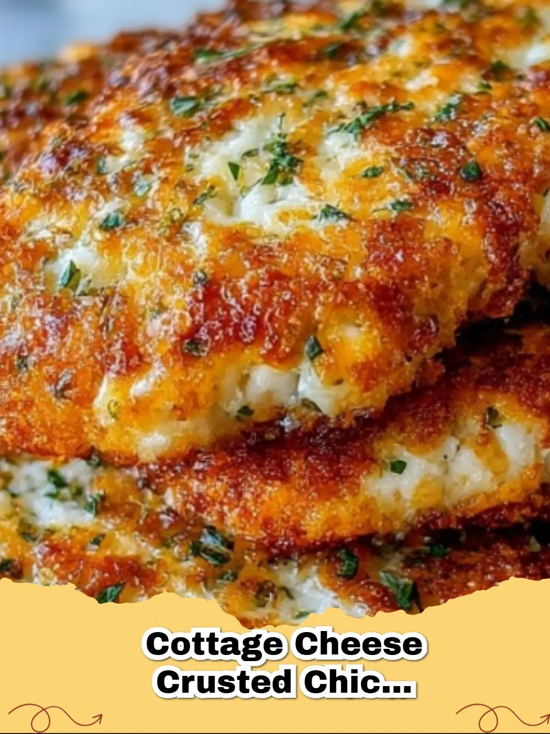 Golden brown cottage cheese crusted chicken cutlets on a plate with fresh herbs