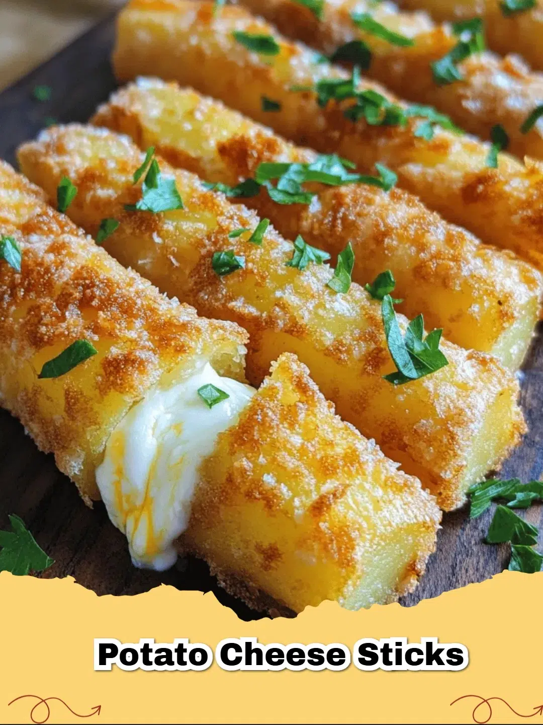 Close-up of golden crispy fried potato cheese sticks piled on a plate, garnished with fresh parsley, with a dip in the background.