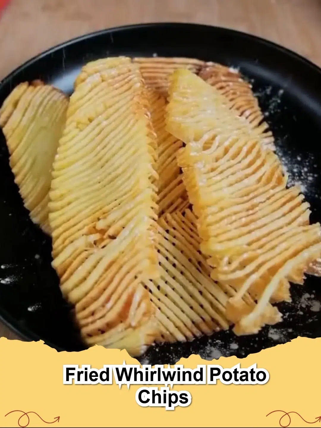 Golden brown crispy fried spiral potato chips garnished with fresh herbs, ready for a delicious snack.