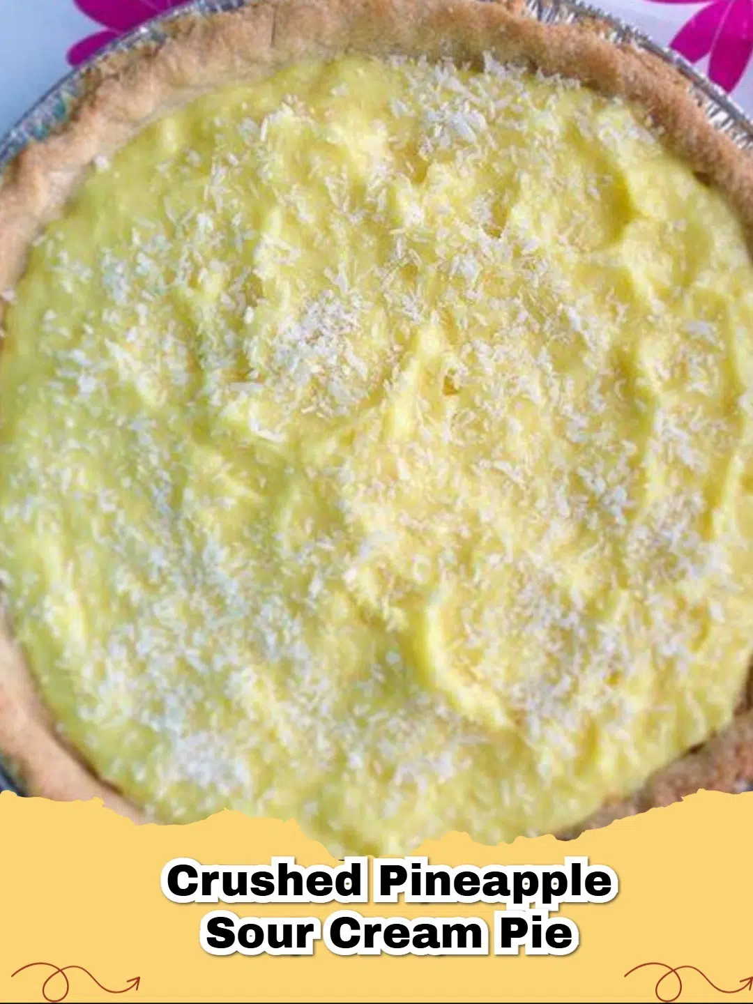 Slice of creamy Crushed Pineapple Sour Cream Pie on a plate, garnished with whipped cream and a mint leaf.