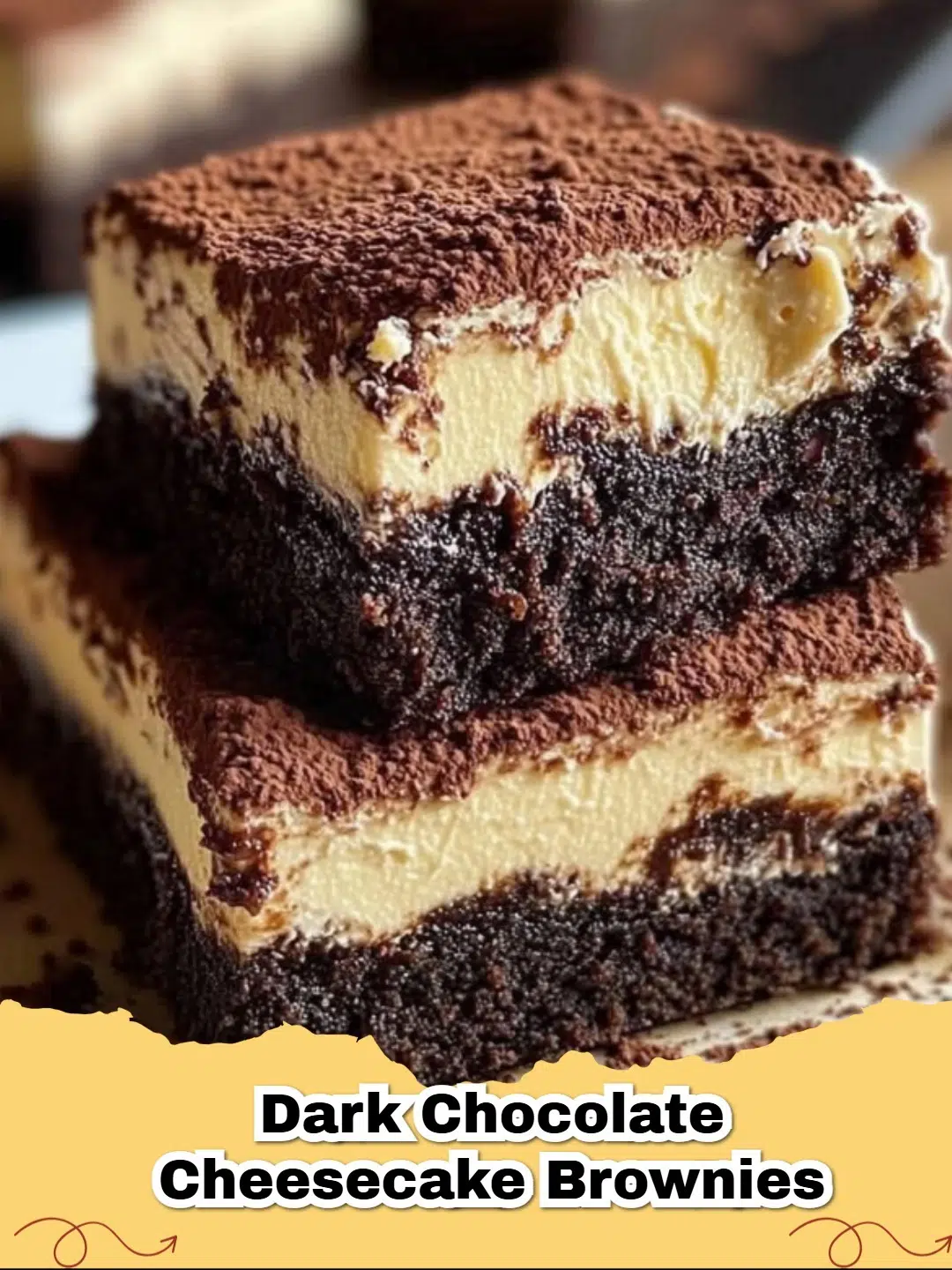 A close-up shot of rich dark chocolate cheesecake brownies with a beautiful marbled swirl.