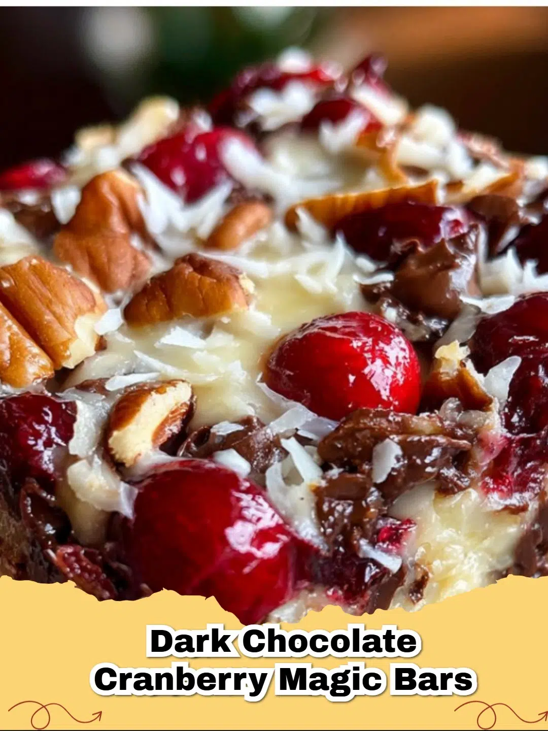 Dark Chocolate Cranberry Magic Bars cooling on a wire rack, with one bar cut to reveal the delicious layers.