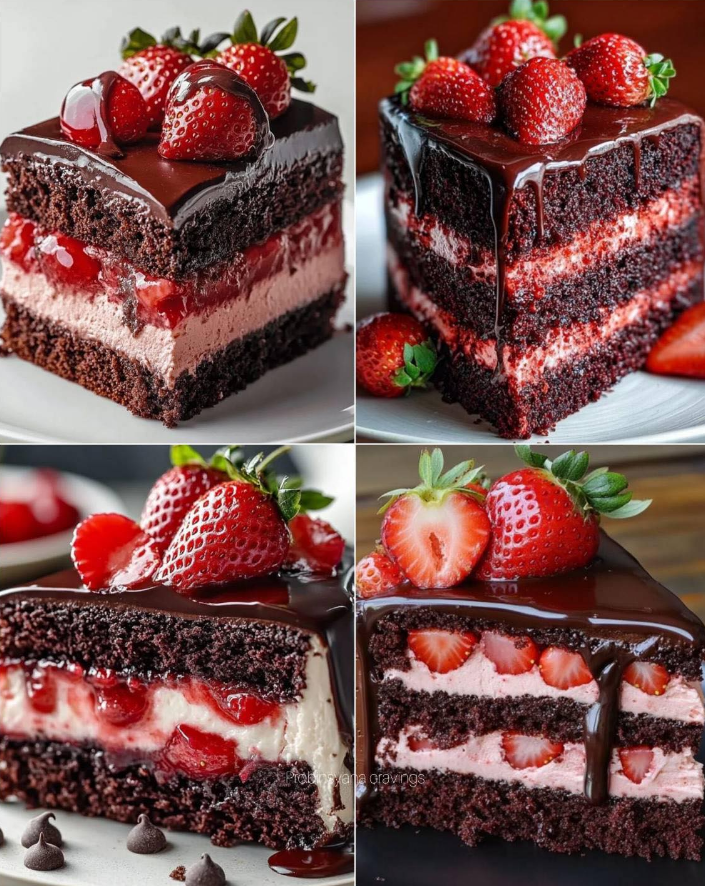 A beautifully decorated slice of chocolate strawberry cake with fresh berries