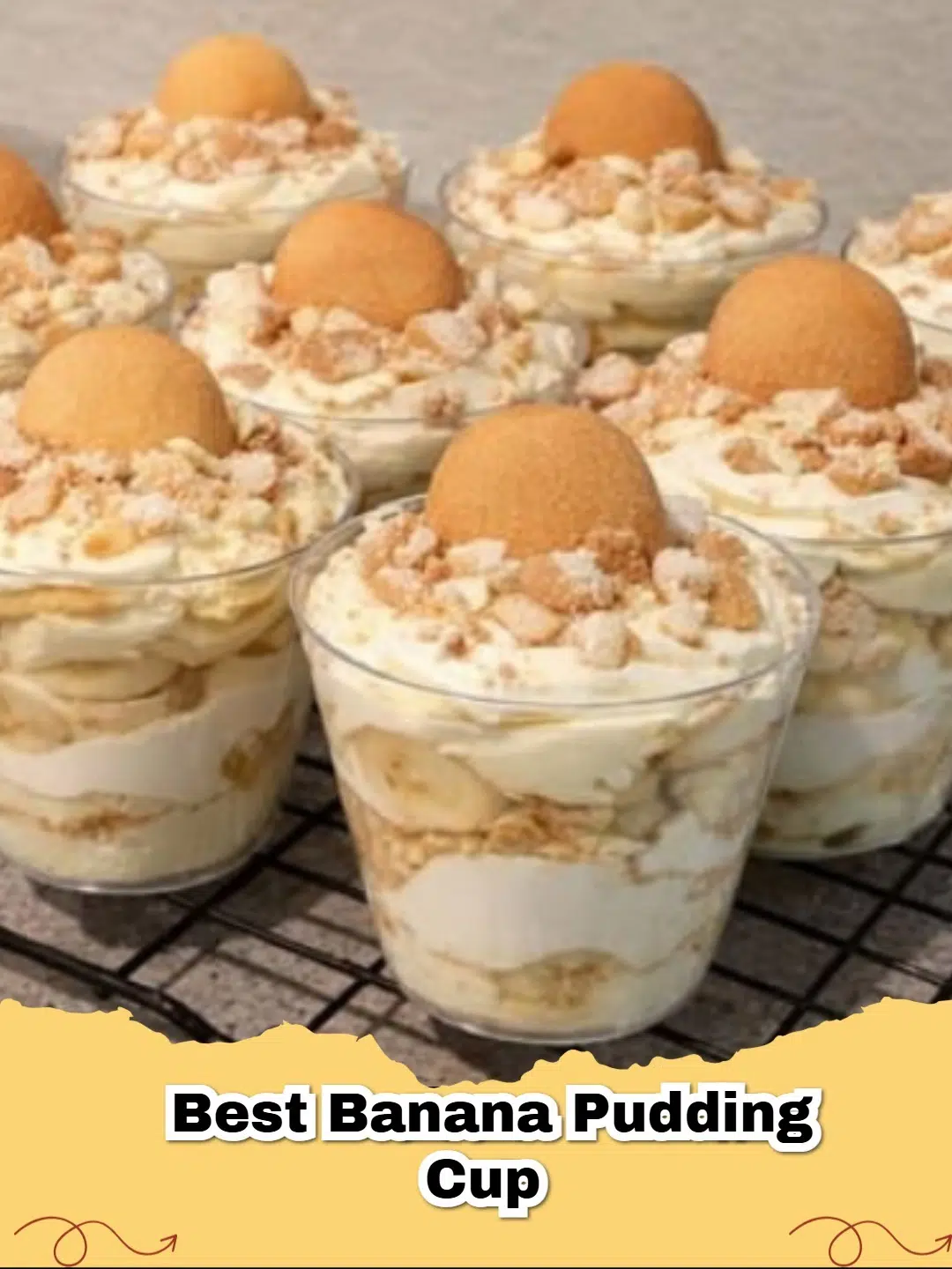 Close-up of easy banana pudding cups layered with creamy pudding, vanilla wafers, and fresh banana slices.