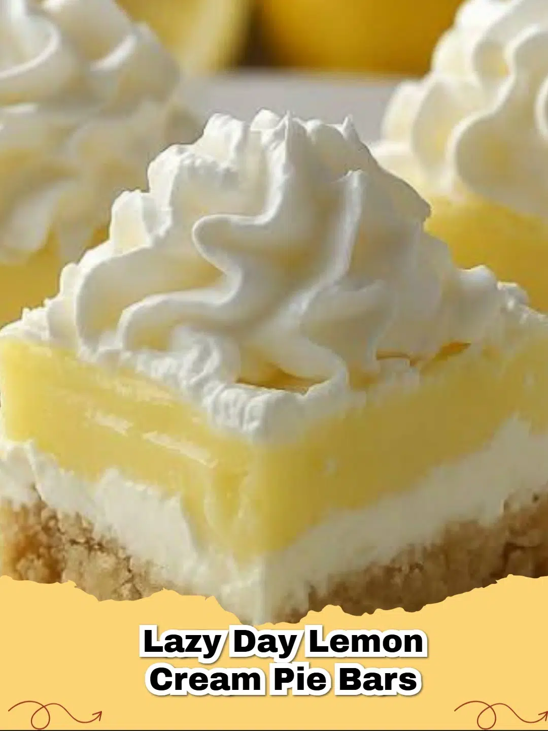 Easy Lemon Cream Pie Bars with a creamy filling and bright yellow topping on a white plate.