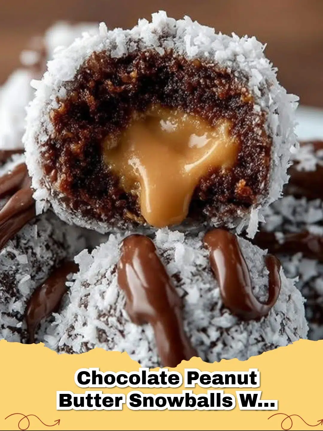 Close-up of easy no-bake chocolate peanut butter snowballs with caramel drizzle on a white platter.