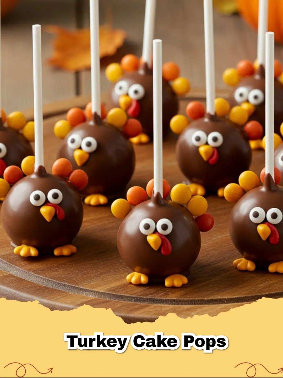 Adorable Thanksgiving Turkey Cake Pops decorated with candy feathers, beaks, and eyes on a festive platter.